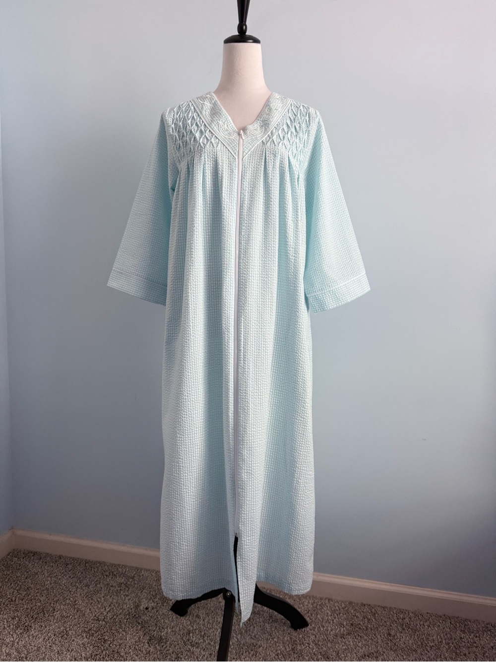 Miss Elaine Pastel Plaid Seersucker Long Zip Front Robe Size S
